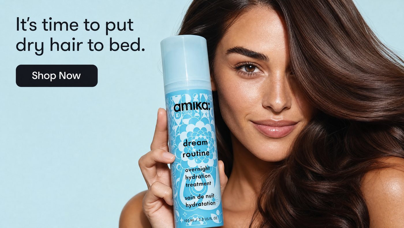 Wide email banner with a model holding a light blue haircare bottle beside her face, headline reading It is time to put dry hair to bed and a Shop Now button