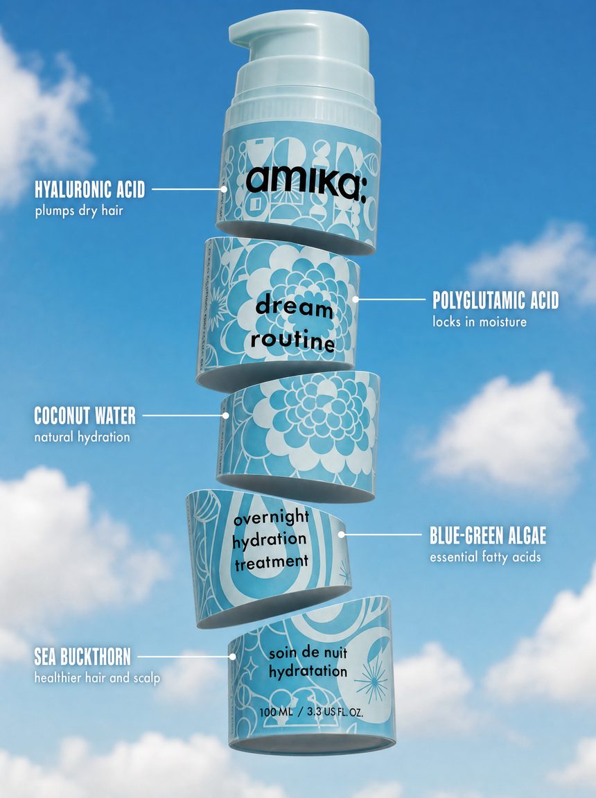 Vertical paid social ad showing a haircare bottle cut into five tilted slices floating against a blue sky, each slice labeled with an ingredient and its benefit