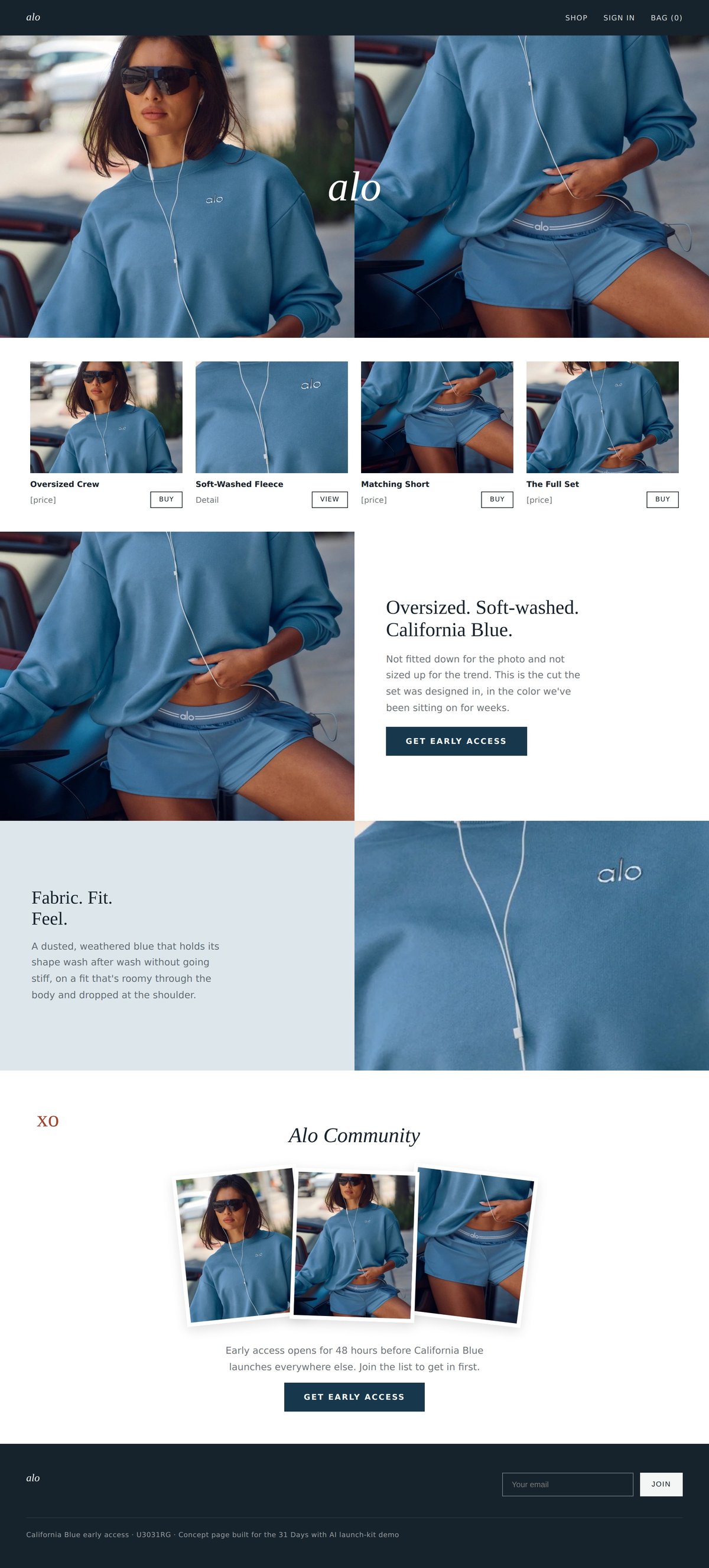 Full California Blue landing page, redesigned around a reference image, from hero through the shop grid to the footer signup