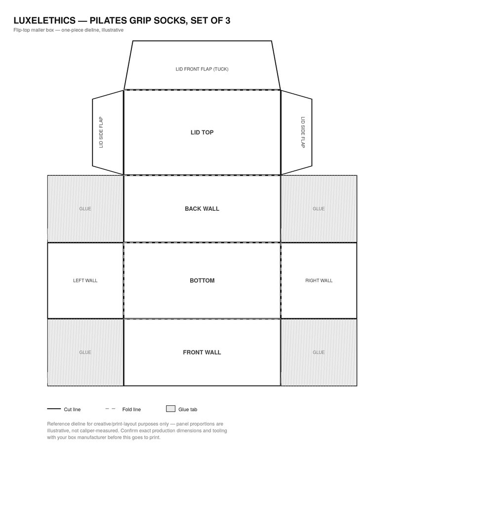 One-piece box dieline with labeled fold lines, glue tabs, and a note that dimensions are illustrative