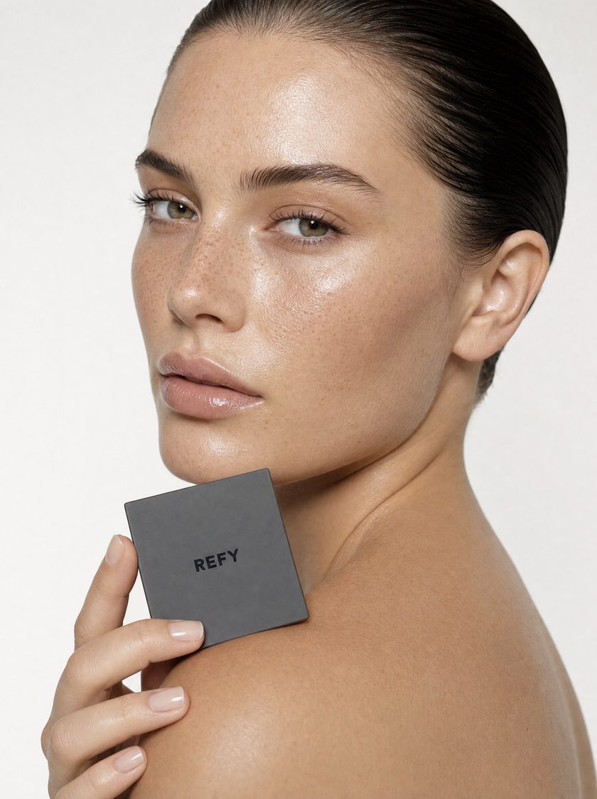 A close-crop portrait of a woman holding a single cream bronzer compact against her collarbone