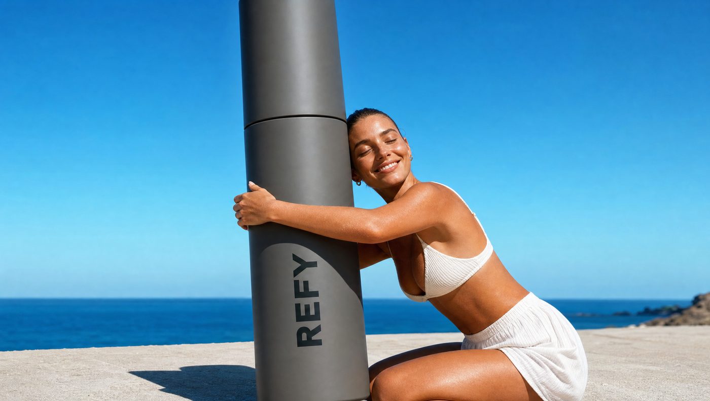 Wide campaign banner with a woman hugging an enormously scaled-up mascara against a bright sky and sea