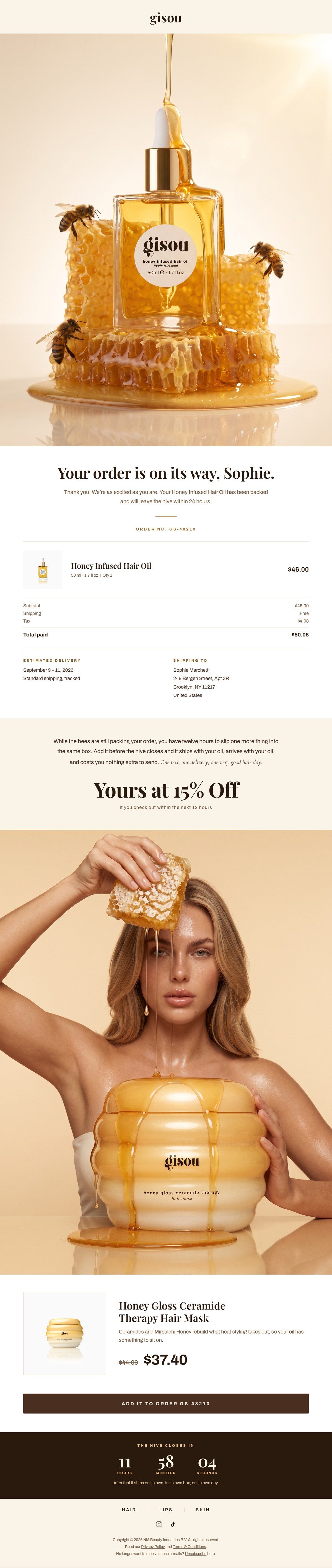 Full post-purchase email with order confirmation, a 15 percent off add-on offer for a hair mask, and a countdown