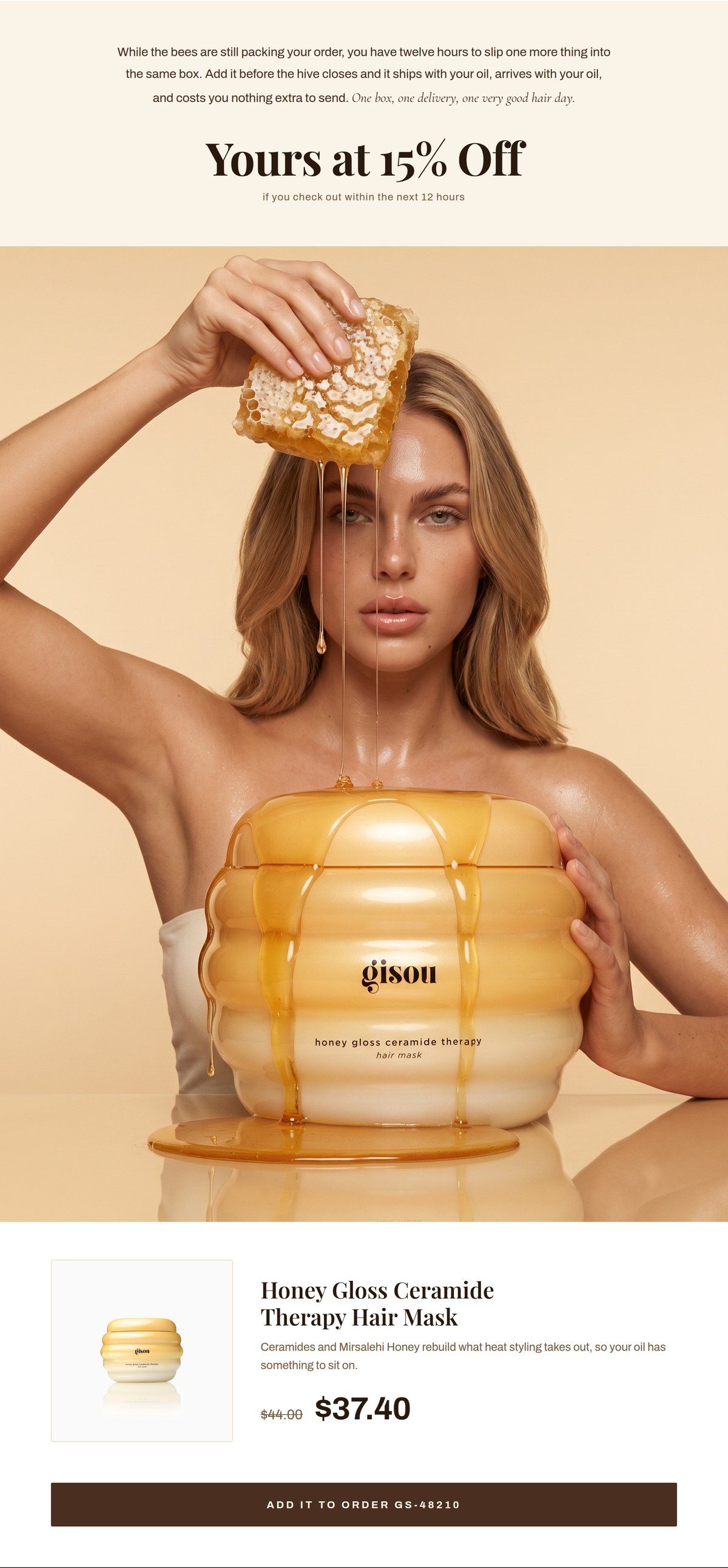 Offer section: Yours at 15 percent off, the hair mask image and an Add it to order button