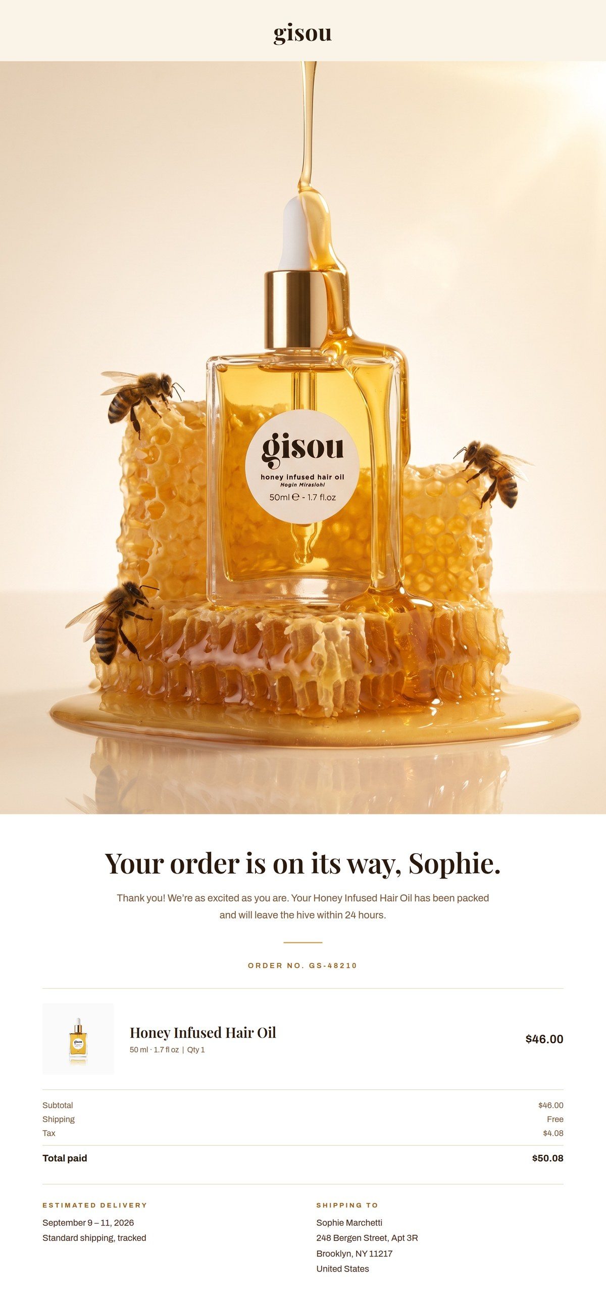 Top of the email: hair oil hero image and the order confirmation