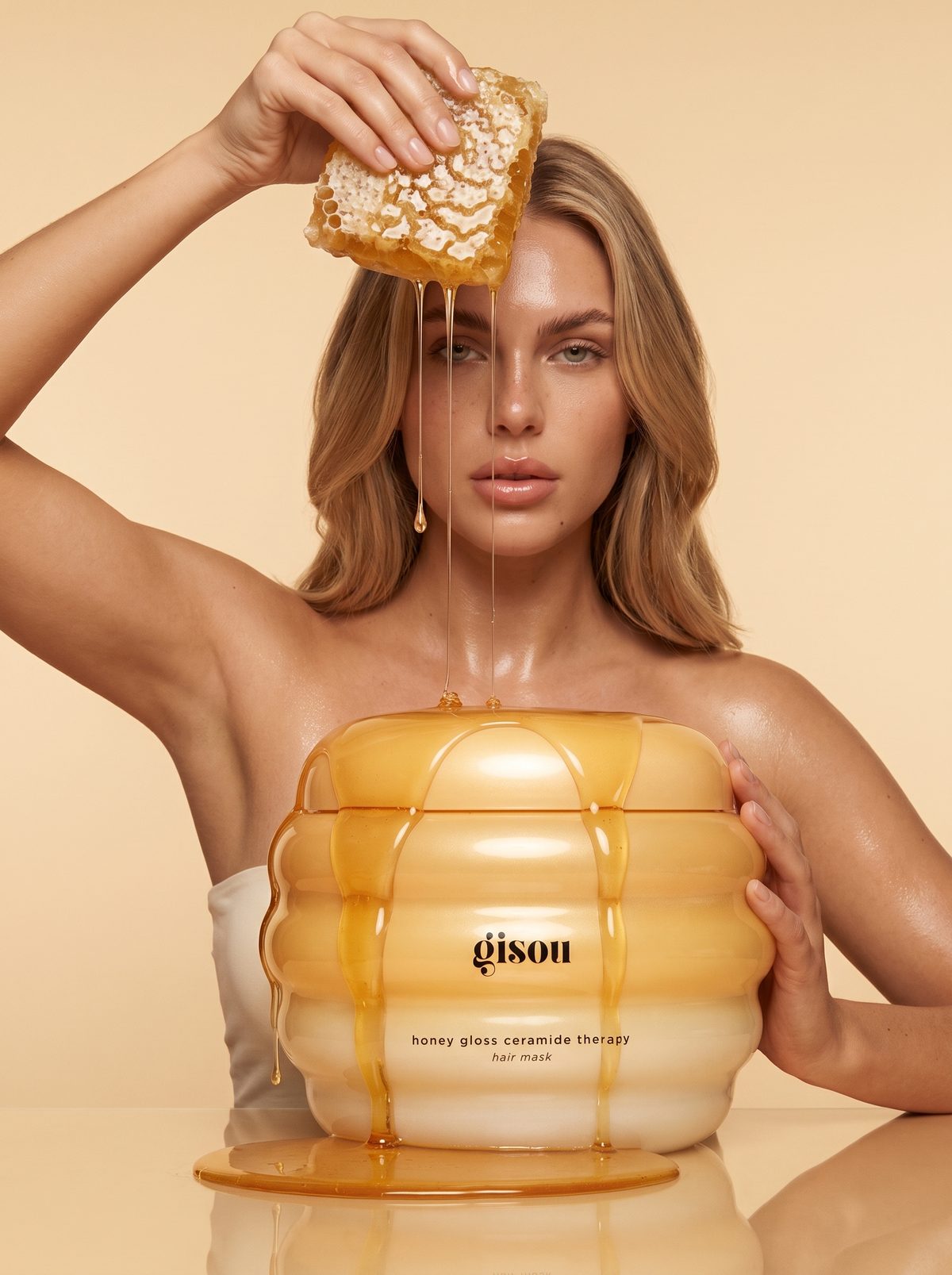 AI-generated image of a woman dripping honey onto a beehive-shaped hair mask jar