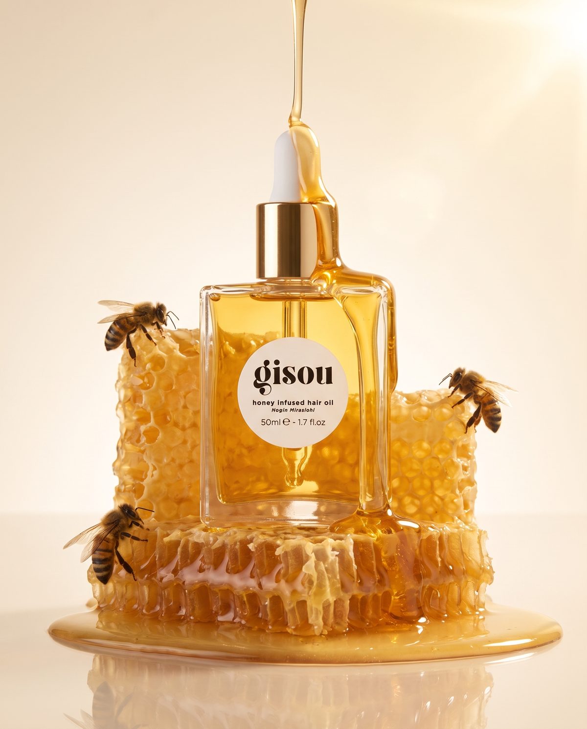 AI-generated product image of a honey hair oil bottle on honeycomb with bees