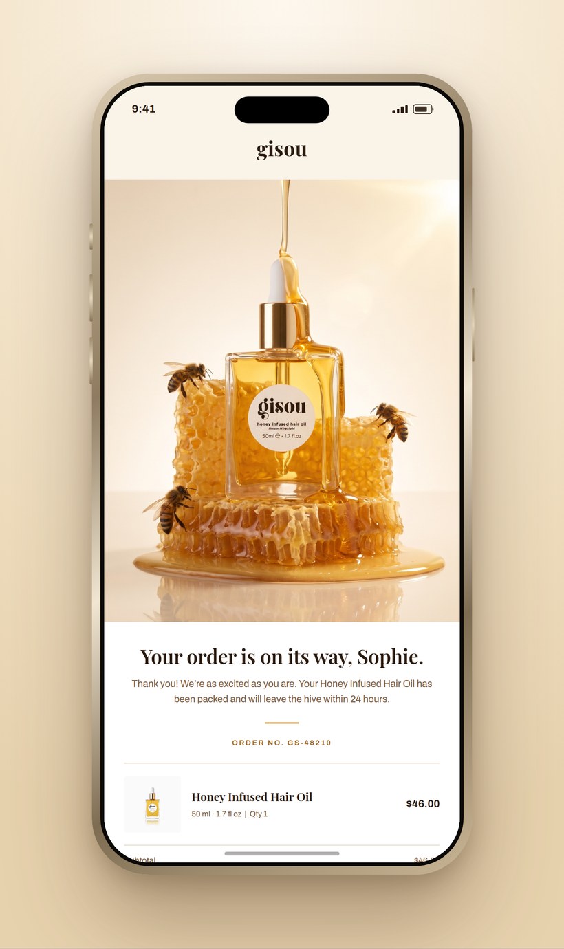 Post-purchase order confirmation email shown on a phone, with a honey-toned product hero above the order details
