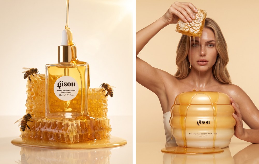 Two generated campaign images side by side, a product bottle on honeycomb and a model with an oversized product jar
