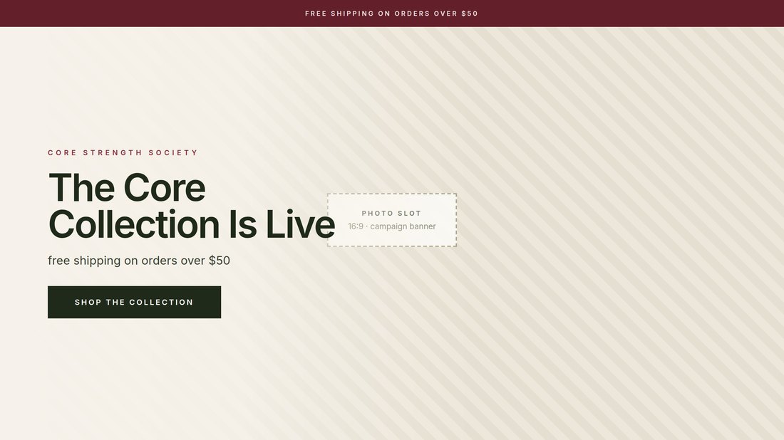 Campaign banner layout in code with headline and button set, and a dashed empty rectangle marked photo slot