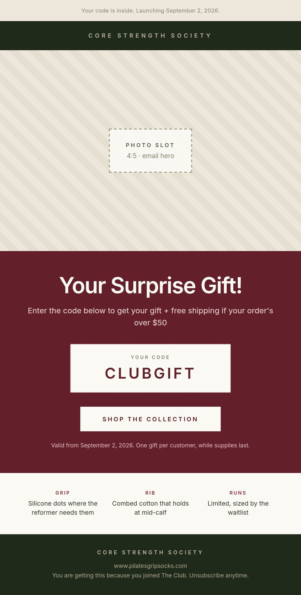 Teaser email layout in code with discount code block and button set, and a dashed empty rectangle marked photo slot