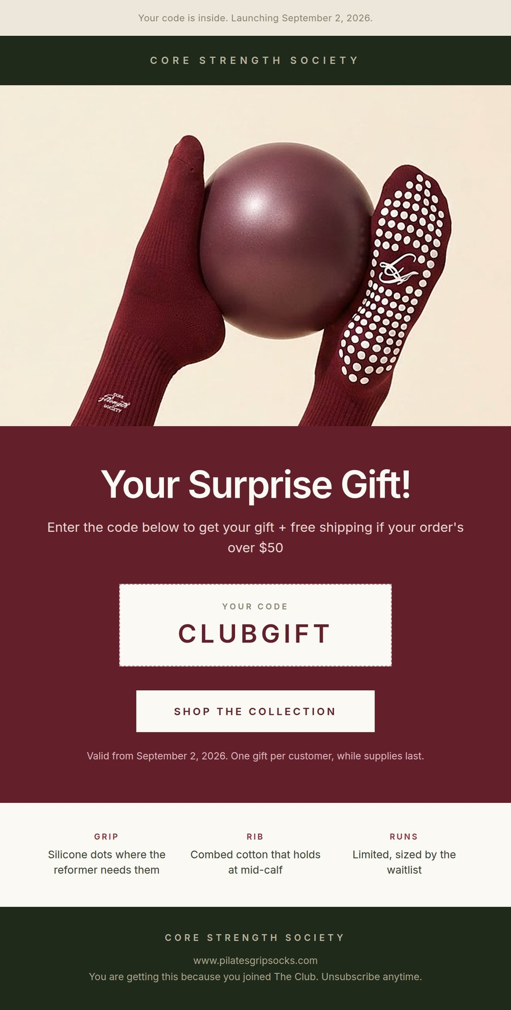 Finished teaser email with legs raised holding a burgundy exercise ball between the feet and a discount code block below