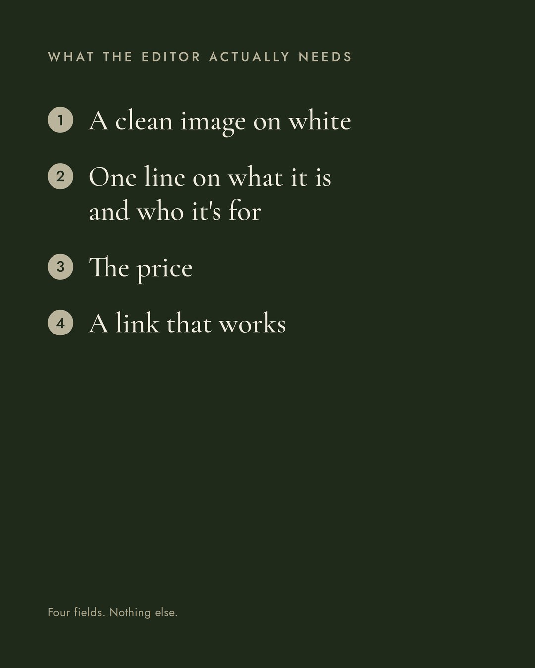 Card listing the four things a gift guide editor needs: a clean image on white, one line on what it is and who it is for, the price, and a link that works