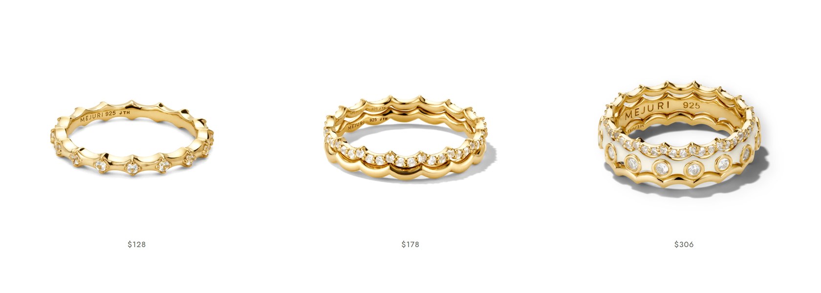 Three gold rings photographed on pure white in a row, each at true relative scale to the others, with prices underneath