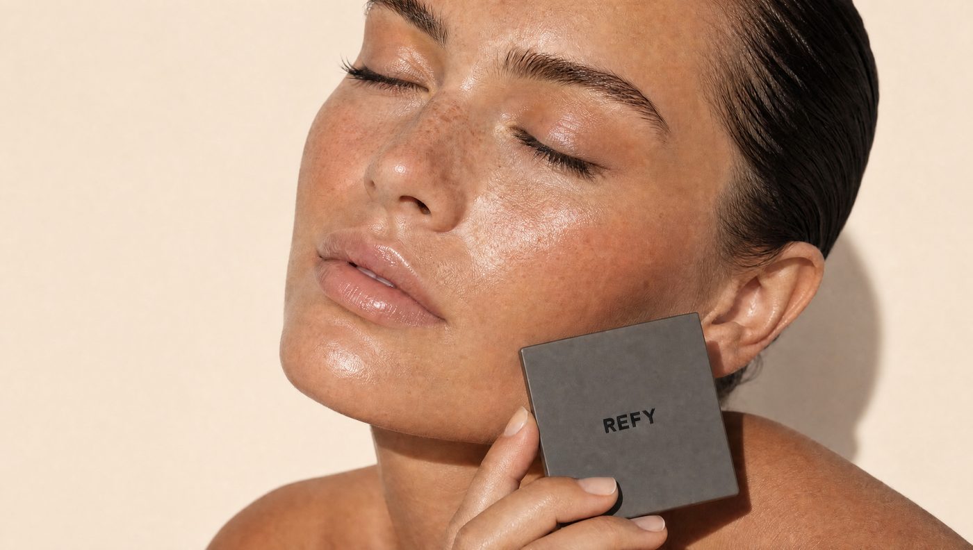 A wide cinematic banner: an extreme tight crop of a woman's face with a matte grey compact held against her cheek, warm cream background