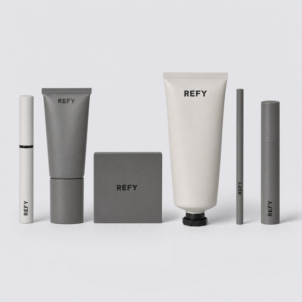 Six matte grey and off-white beauty products arranged in a row on a seamless pale grey studio background