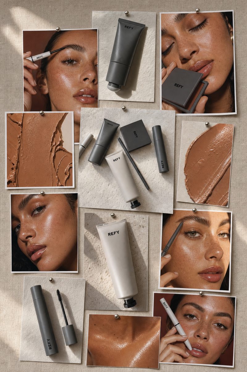 A vertical moodboard pin: overlapping photographic prints pinned to a linen board, showing beauty closeups, texture swatches and product shots