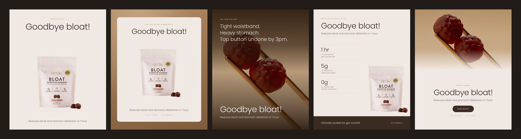 Contact sheet of five ad angles built from one product photo, product alone, in use, the problem, the proof and the offer