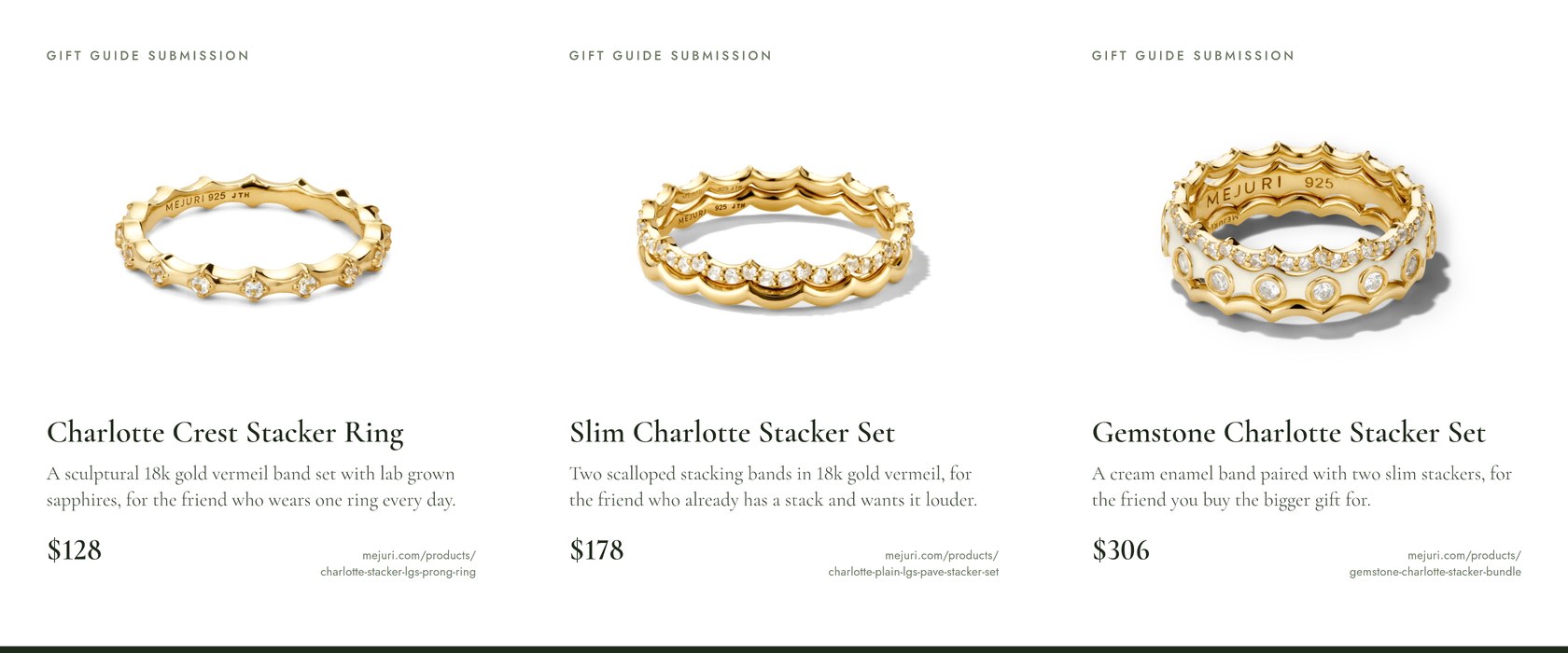 Three gift guide submission cards, each with the product on pure white, its name, one line, the price and the link