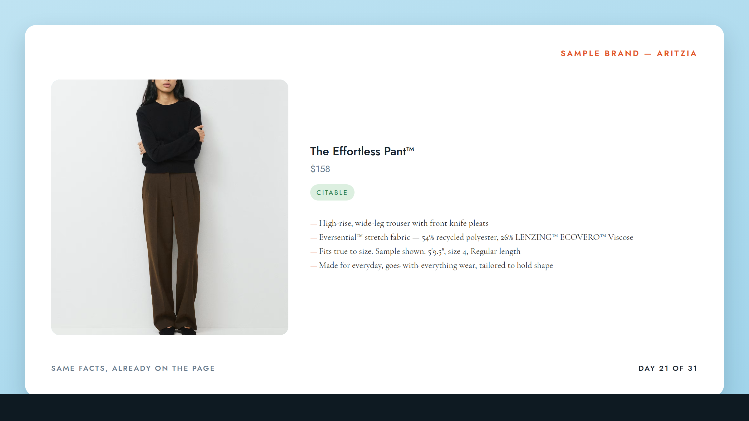 A product page rewritten so materials, fit, who it is for and price sit above the brand story