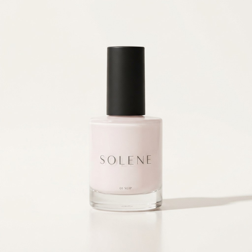 Pale milky pink nail polish bottle with a matte black cap and a serif brand name, on a warm off-white background