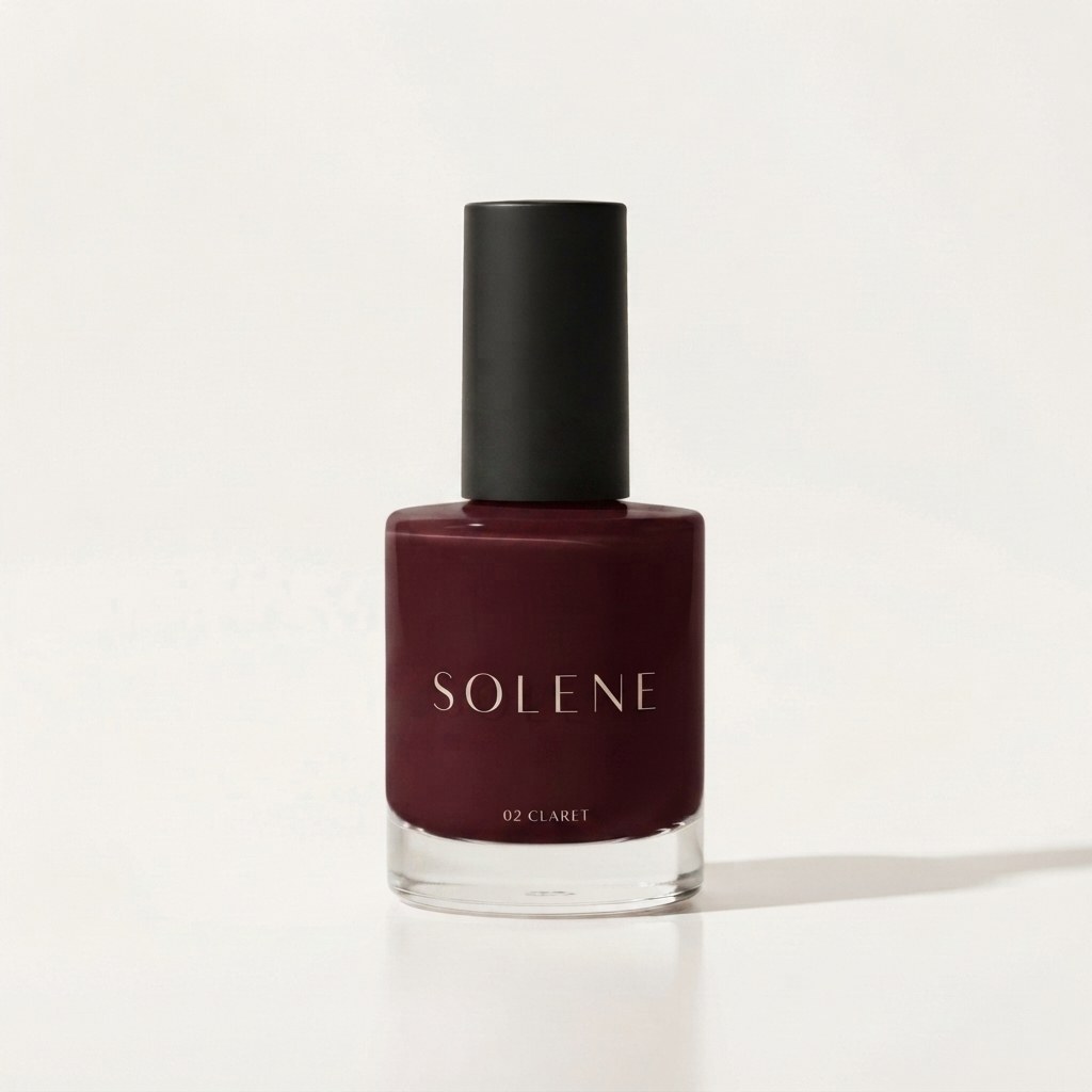 Deep burgundy nail polish bottle with a matte black cap and a serif brand name, on a warm off-white background