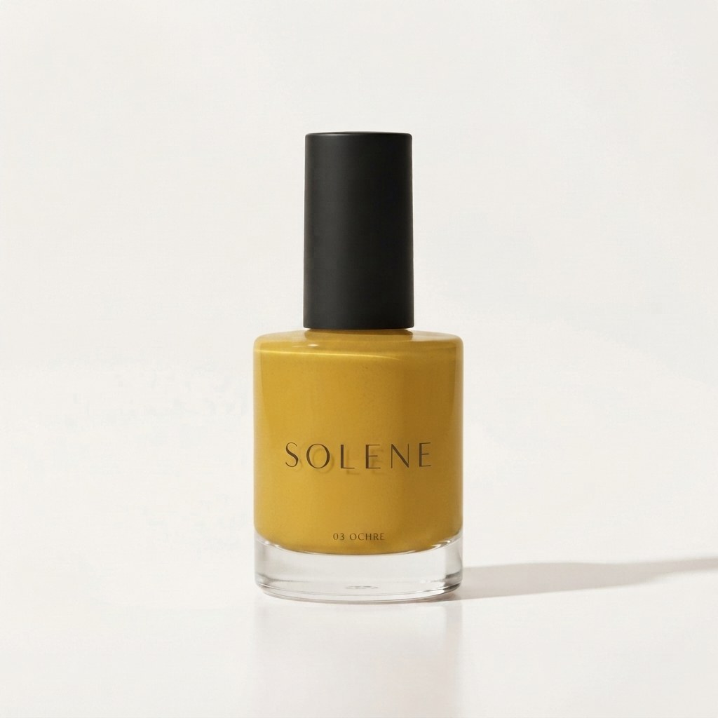Mustard gold nail polish bottle with a matte black cap and a serif brand name, on a warm off-white background