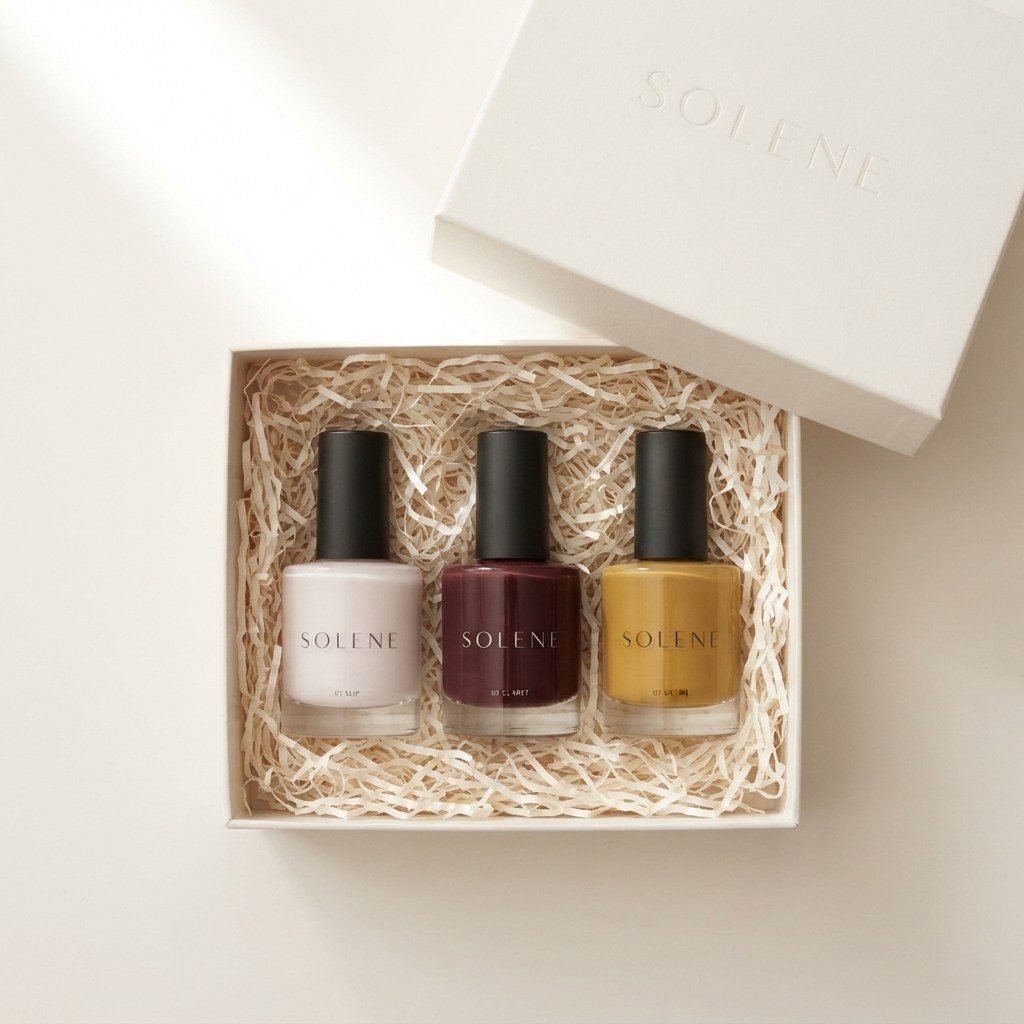 Overhead view of a holiday gift set with three nail polish bottles in pale pink, deep burgundy and mustard gold, lying in cream paper shred inside an open off-white gift box with a debossed lid