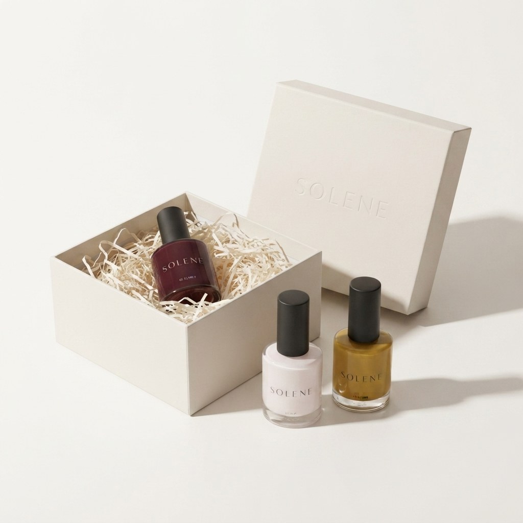 Three-quarter view of an off-white gift box with a debossed lid leaning behind it, one burgundy nail polish bottle inside on cream paper shred and two more standing in front