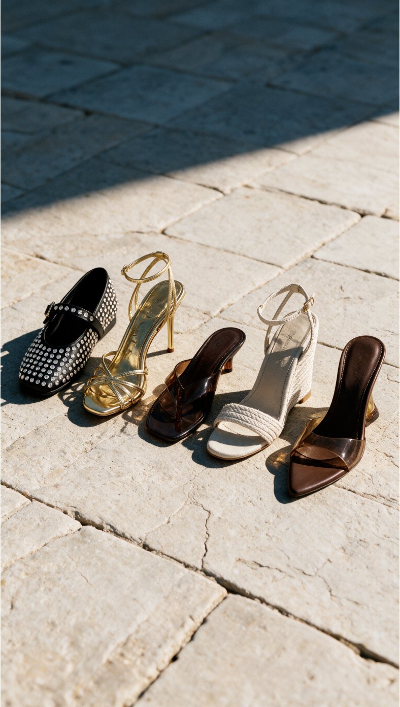 Five designer shoes standing in a row on warm sunlit stone paving with hard cast shadows