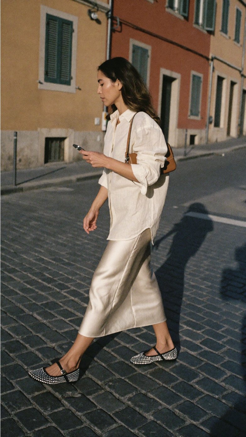 An AI model in a cream linen shirt and silk slip skirt walking across a sunlit cobblestone street in Rome, wearing crystal-studded black flats