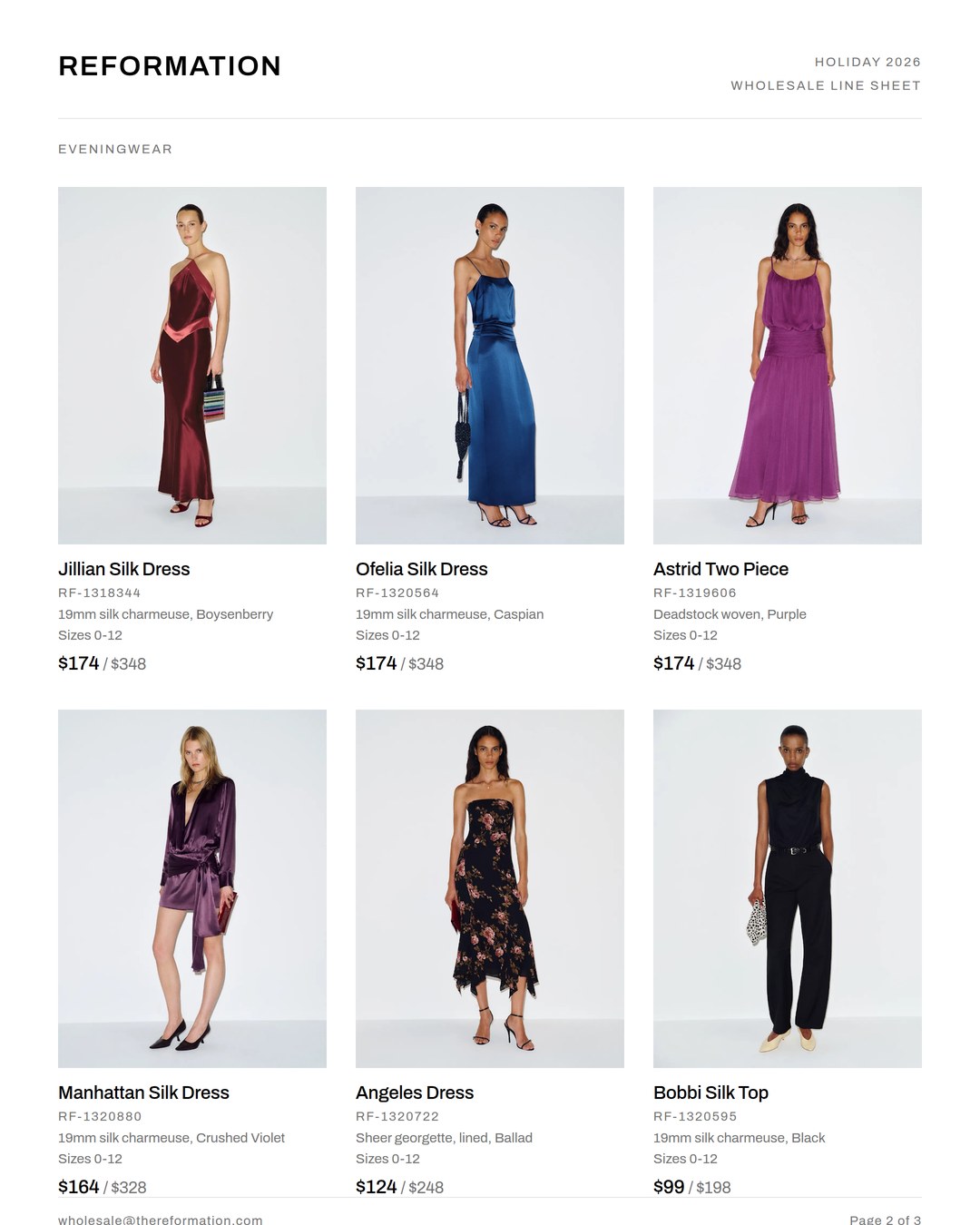 Finished wholesale line sheet page showing six womenswear looks in a three by two grid on white, each with style name, style number, fabric, colorway, size run, wholesale price and retail price