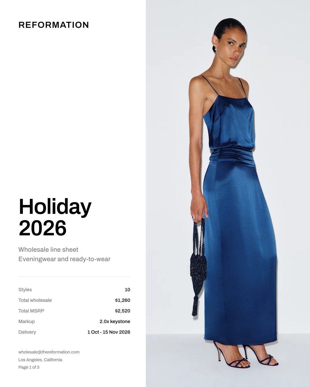 Line sheet cover page with the season name, collection totals for styles, wholesale value, retail value and markup, and a full length product photograph on the right