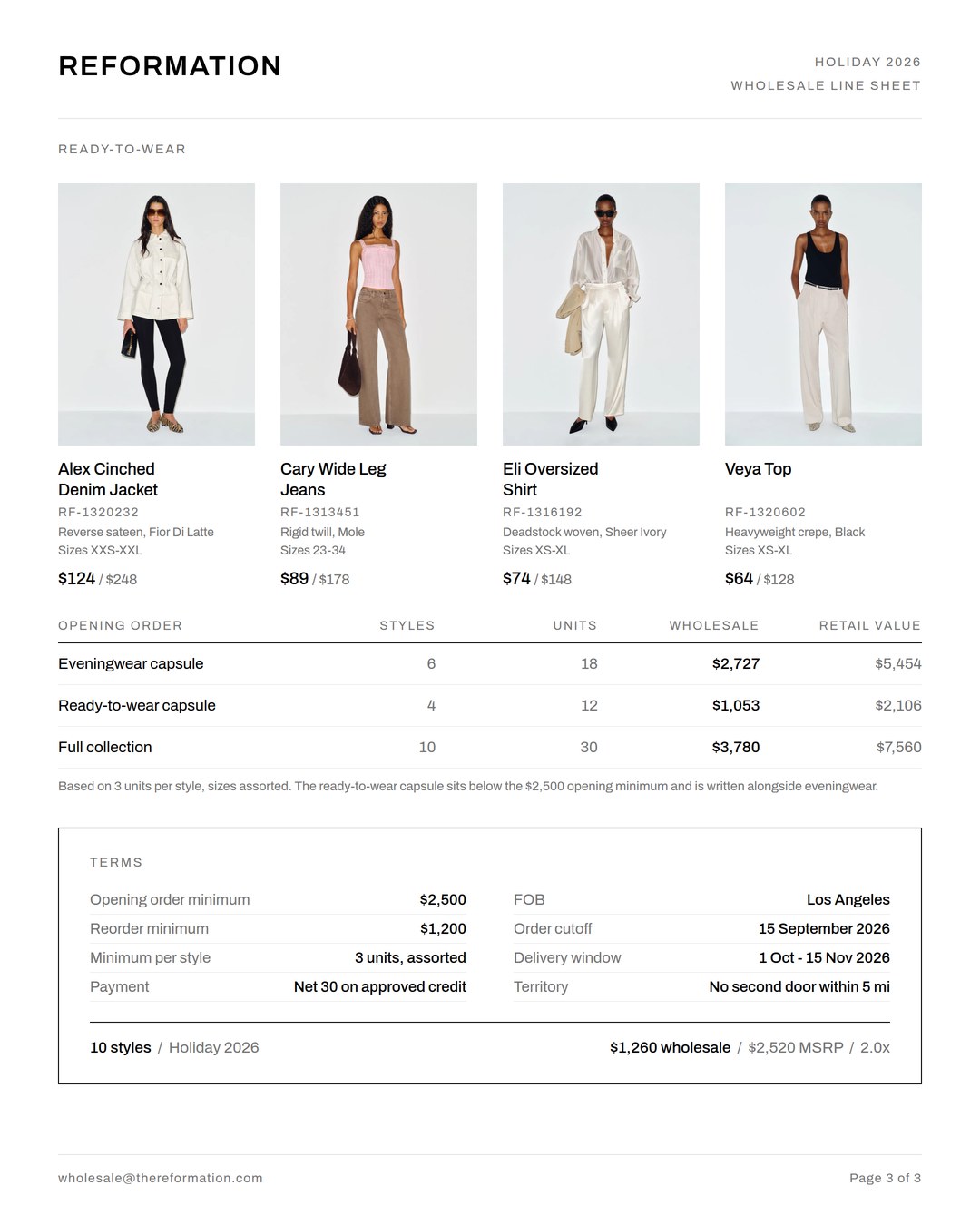 Line sheet final page showing four products in a row above an opening order table and a bordered terms block listing minimums, payment terms, shipping point, order cutoff and delivery window