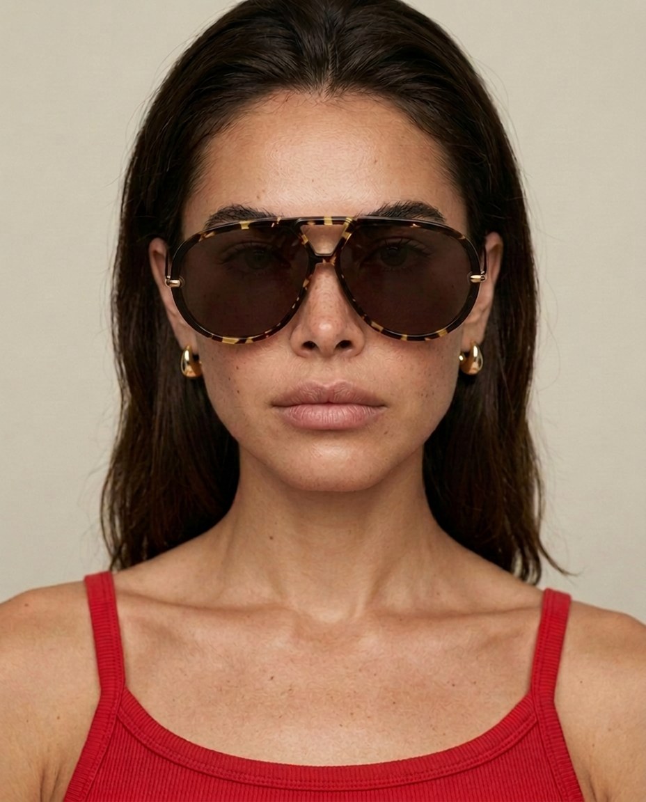 A model wearing tortoiseshell and gold aviator sunglasses, shot straight on against a soft neutral backdrop.